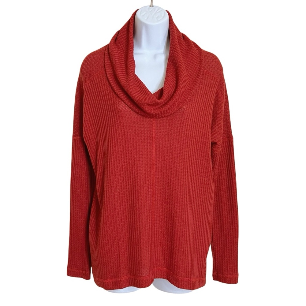 Lucky Brand Waffle Knit Cowl Neck Sweater Womens S Rust Oversize Cabincore Cozy